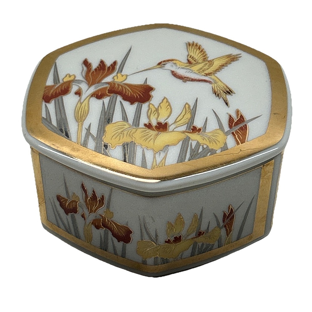 Golden Brocade Hummingbird Iris Hexagon Porcelain Trinket Box Collectible
